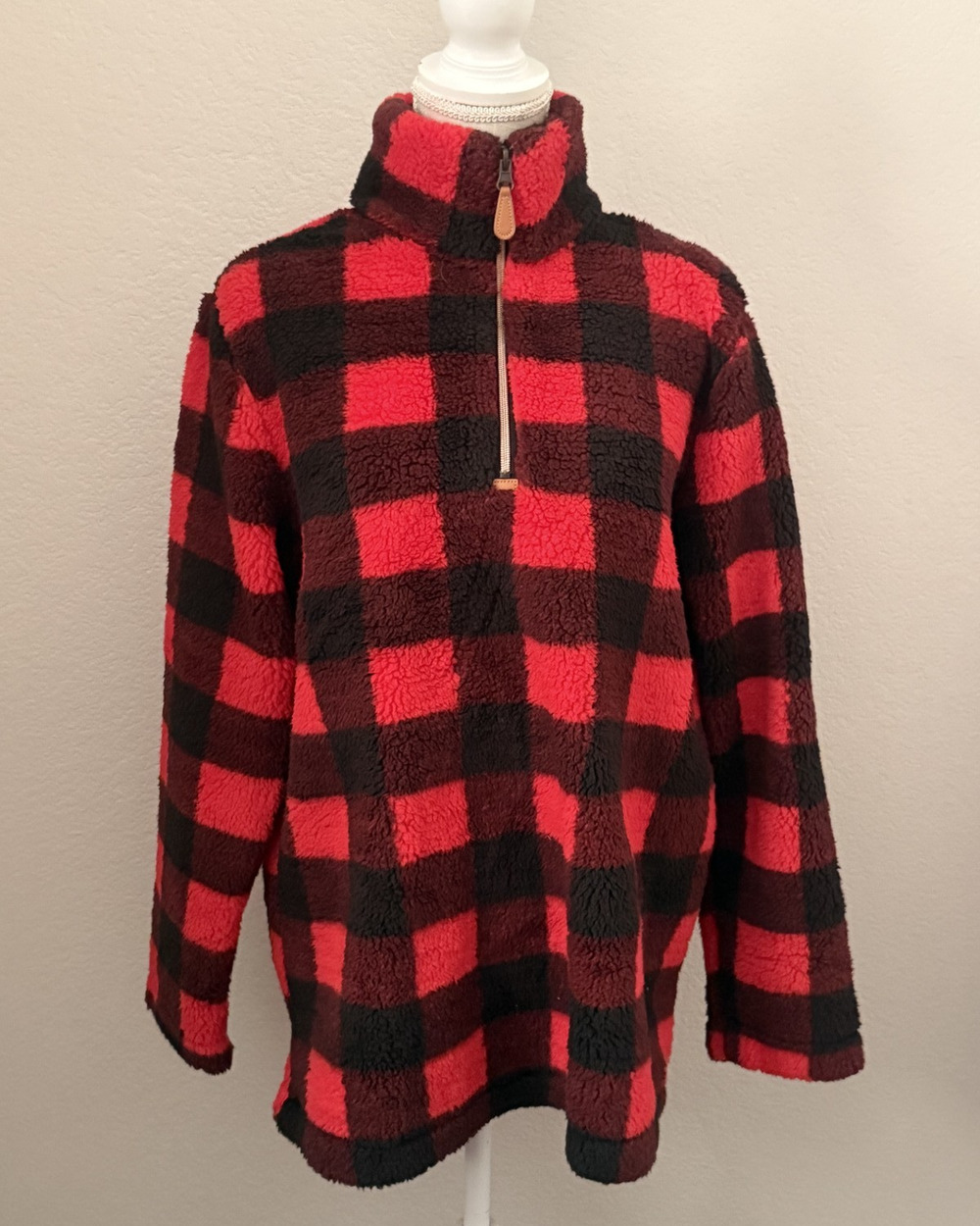 Shop The Mint Women’s Buffalo Plaid Sherpa Fleece Pullover Red Black Size M